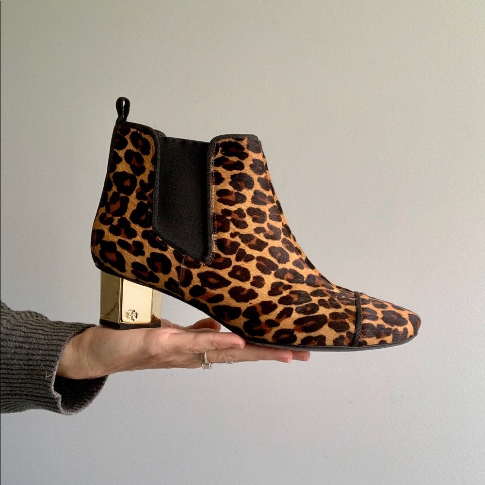 Tory Burch Leopard Booties with Gold Heel Size 9